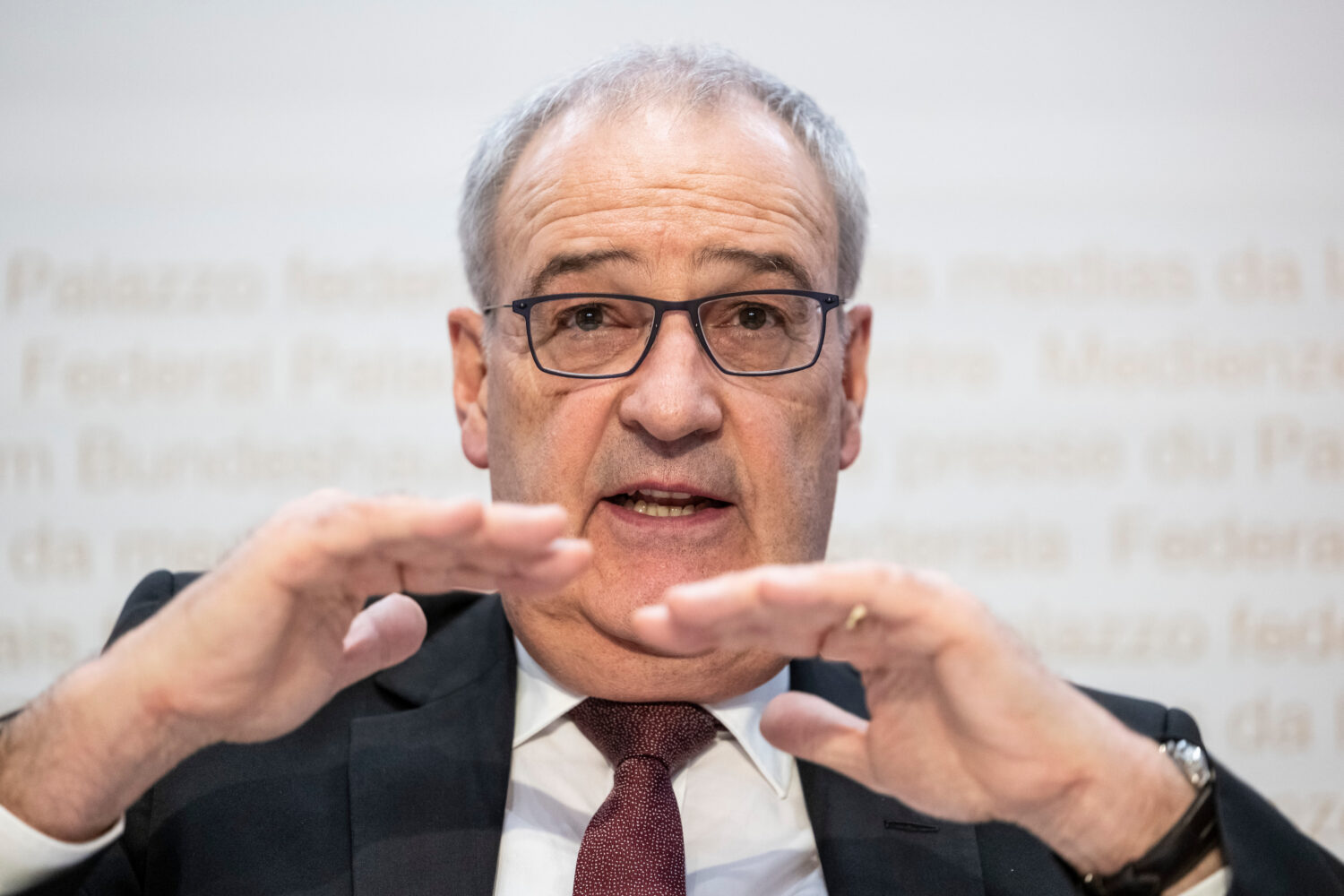 Swiss Federal Councillor Guy Parmelin speaks during a news conference, Friday, Nov. 14, 2025, in Be...