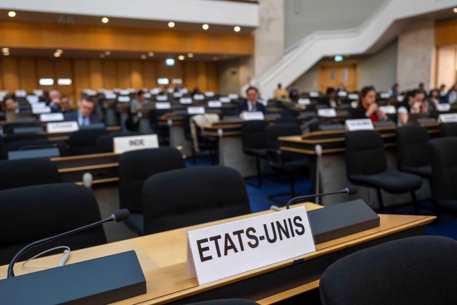 The empty seat of the American delegation, following the U.S. boycott at the Human Rights Council 6...