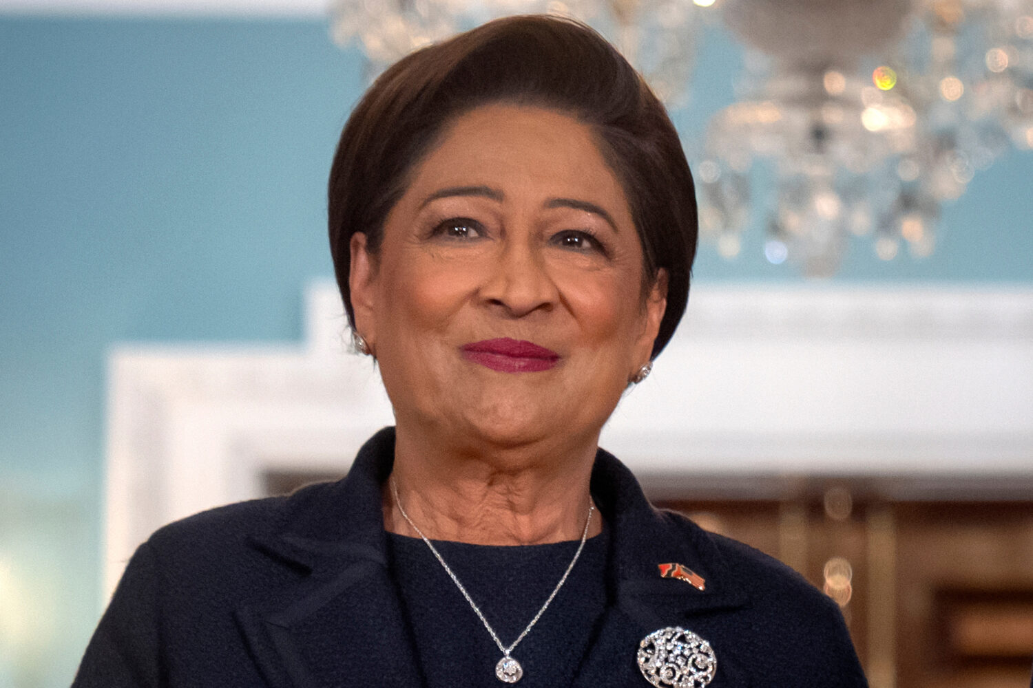 FILE - Trinidad and Tobago Prime Minister Kamla Persad-Bissessar stands at the State Department in ...