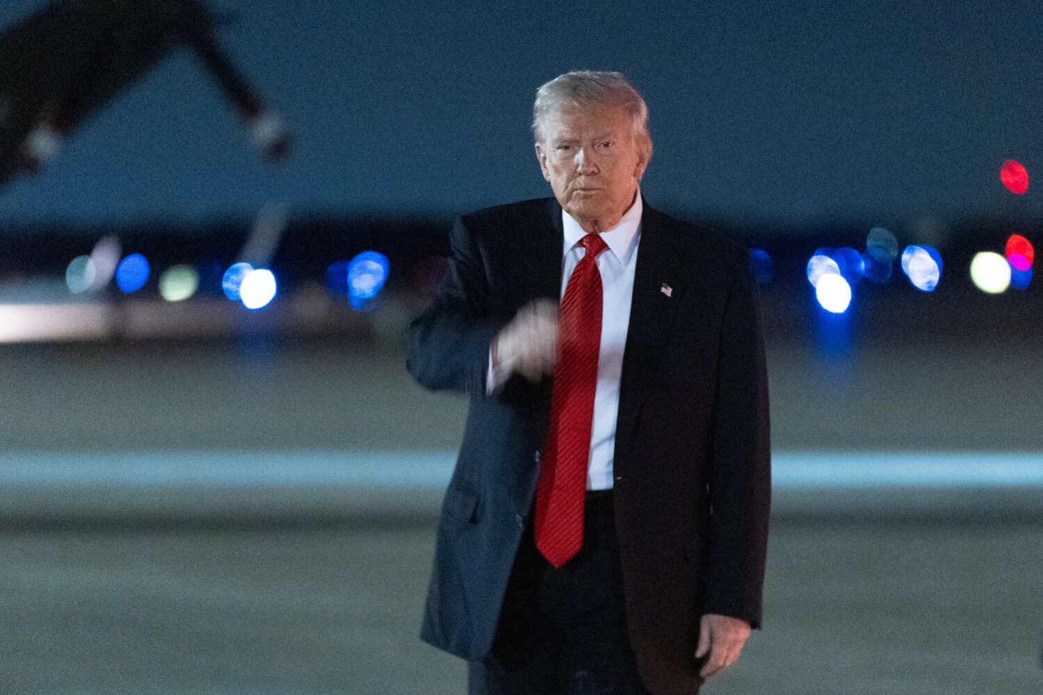 President Donald Trump arrives at Joint Base Andrews, Md., on Air Force One, from a weekend trip to...