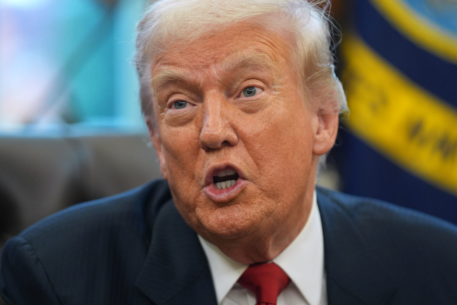 President Donald Trump talks after meeting with New York City Mayor-elect Zohran Mamdani in the Ova...
