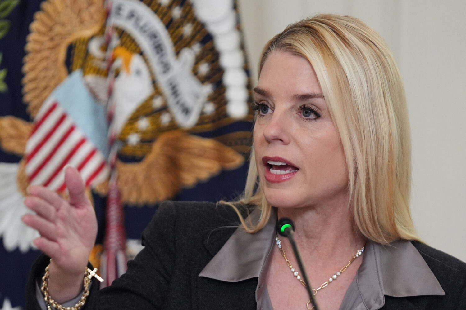 Attorney General Pam Bondi speaks during a roundtable on criminal cartels with President Donald Tru...
