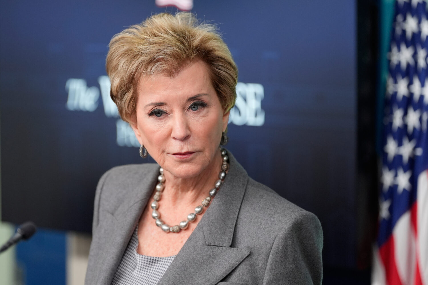 Education Secretary Linda McMahon speaks with reporters in the James Brady Press Briefing Room at t...
