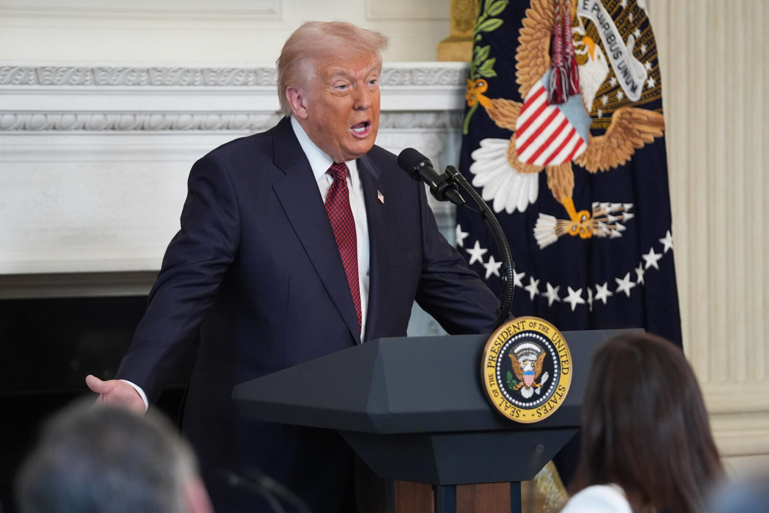 President Donald Trump speaks during a breakfast with Senate and House Republicans in the State Din...