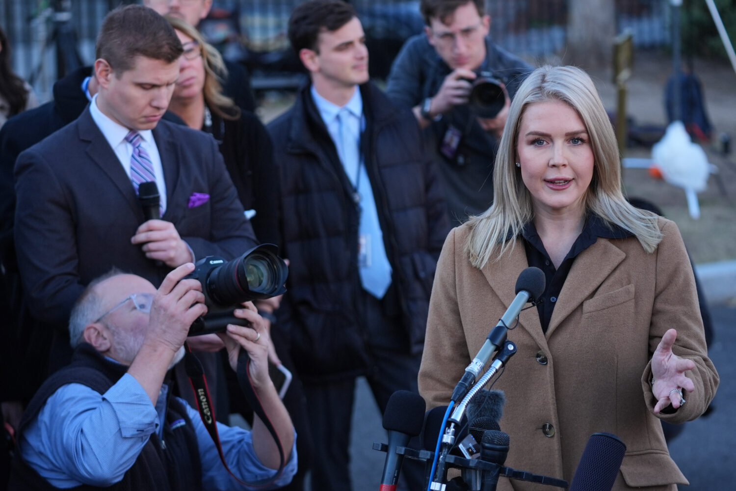 White House press secretary Karoline Leavitt speaks with reporters at the White House, Monday, Nov....