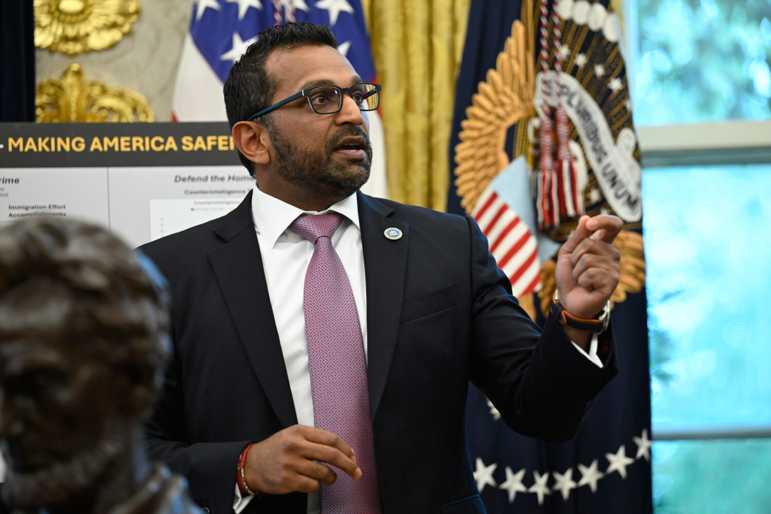 FBI Director Kash Patel speaks during an event with President Donald Trump in the Oval Office at th...