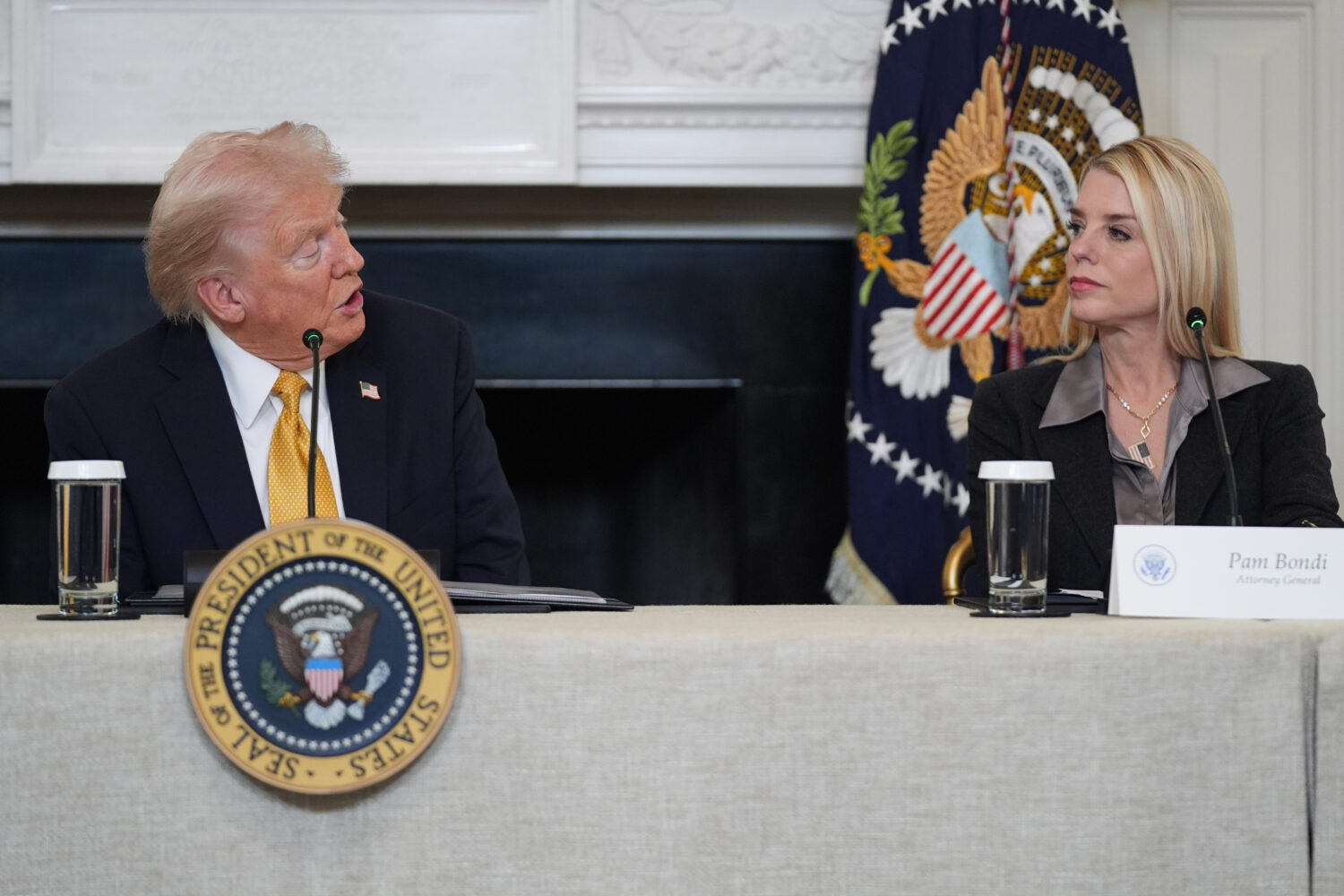 President Donald Trump speaks during a roundtable on criminal cartels in the State Dining Room of t...