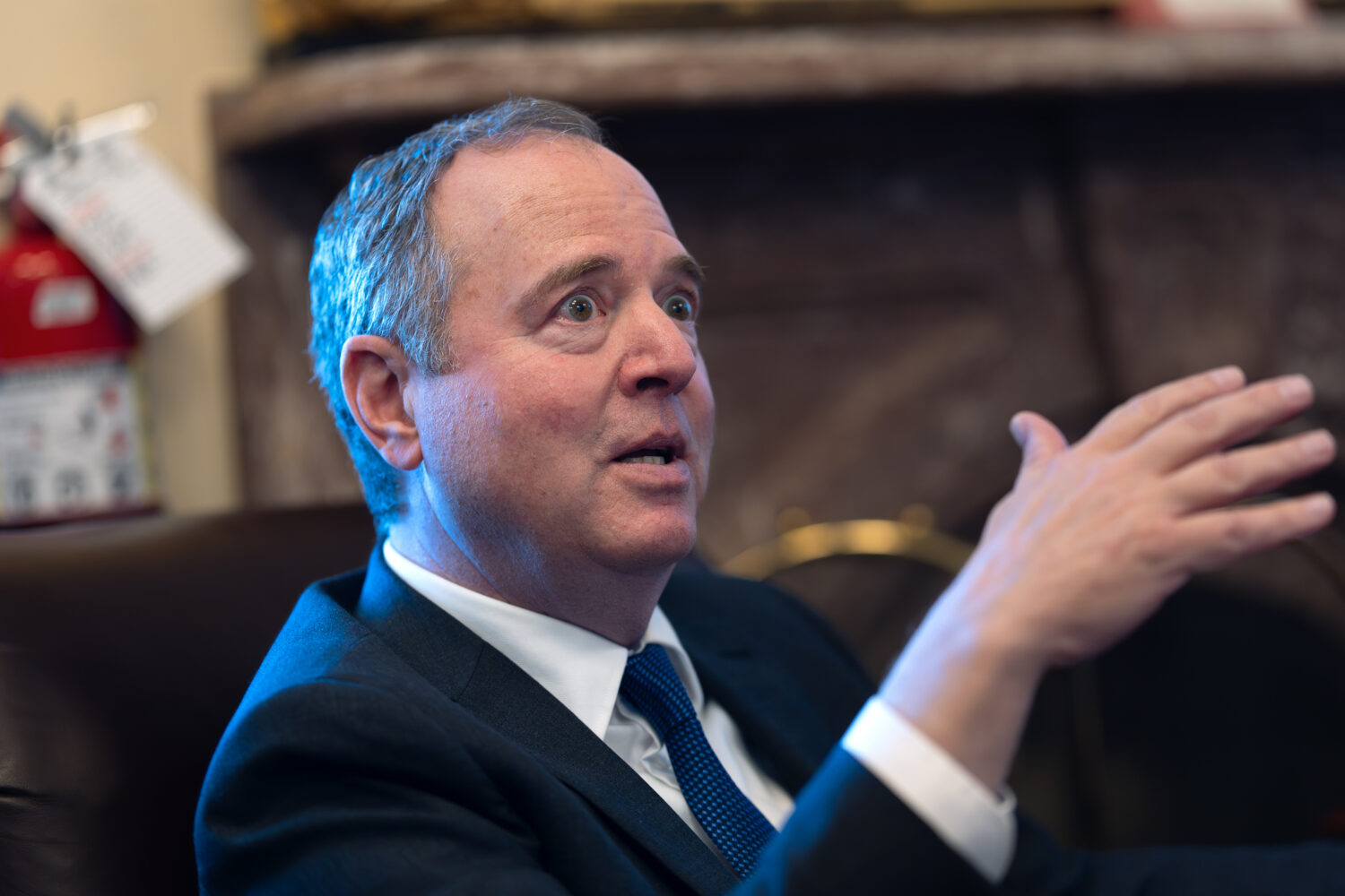 Sen. Adam Schiff, D-Calif., speaks with reporters about President Donald Trump's foreign policy int...