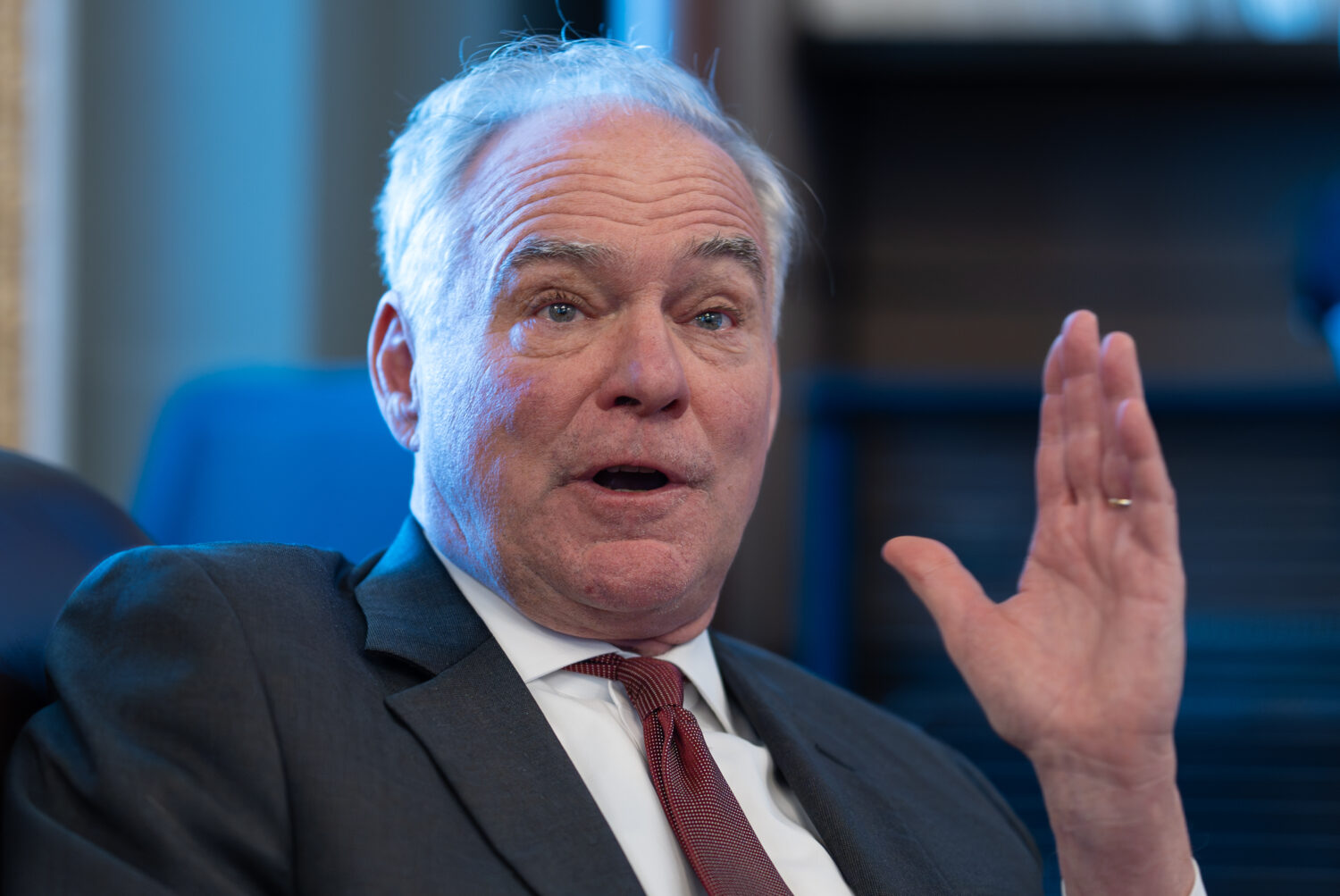 Sen. Tim Kaine, D-Va., speaks with reporters about President Donald Trump's foreign policy intentio...