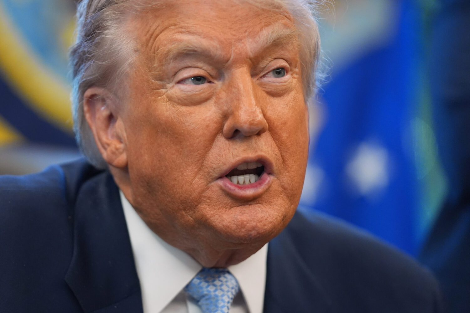 President Donald Trump speaks during a meeting with the White House task force on the 2026 FIFA Wor...