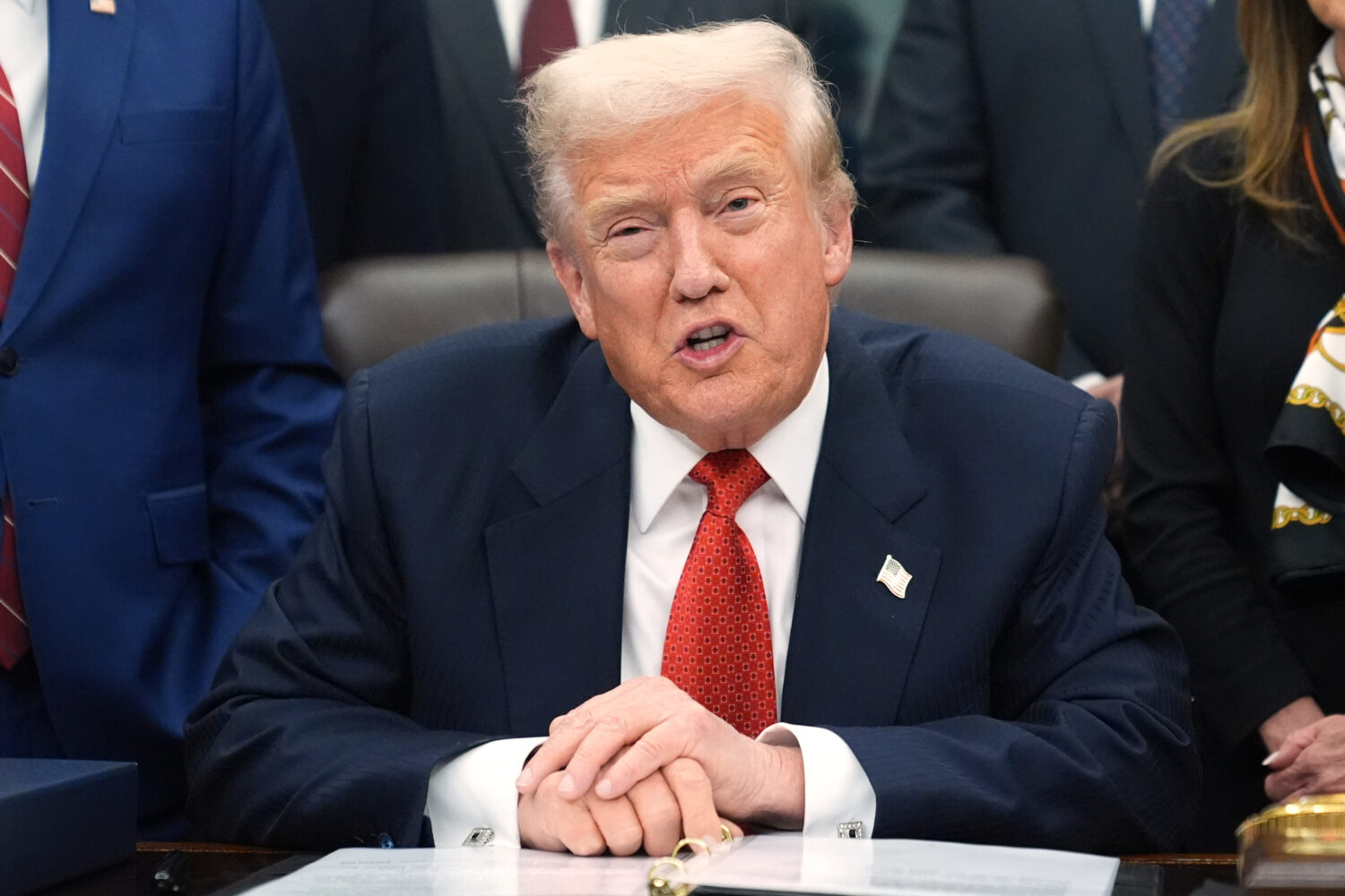 President Donald Trump speaks before signing the funding bill to reopen the government, in the Oval...