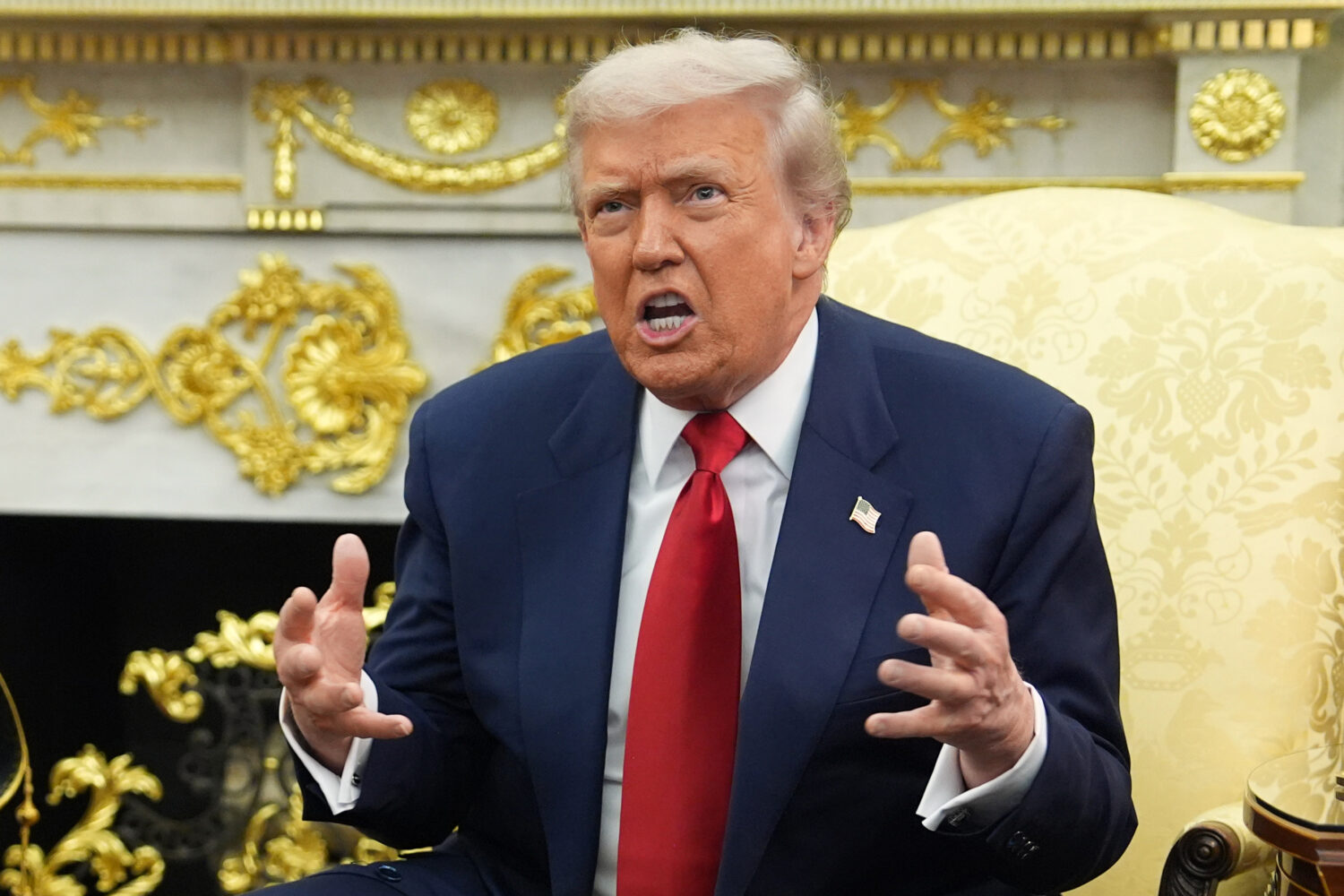 President Donald Trump speaks as he meets Saudi Arabia's Crown Prince Mohammed bin Salman in the Ov...