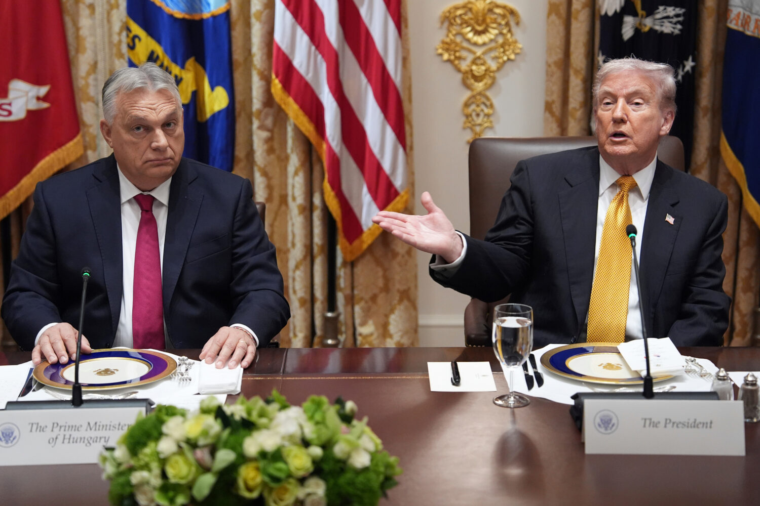President Donald Trump, right, meets with Hungary's Prime Minister Viktor Orban in the Cabinet Room...