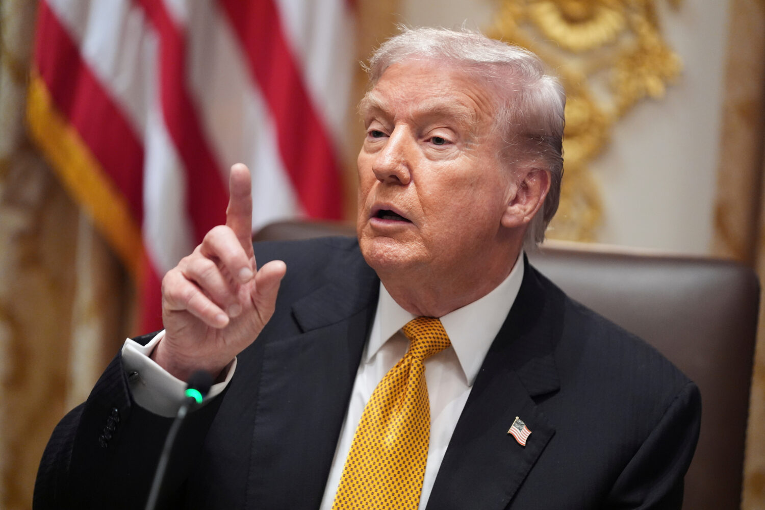 President Donald Trump speaks with reporters during a meeting with Hungary's Prime Minister Viktor ...