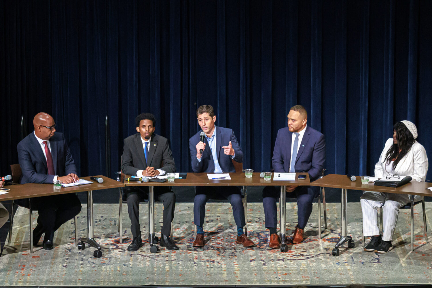Minneapolis mayoral candidates, from left, DeWayne Davis, Omar Fateh, Jacob Frey, Jazz Hampton and ...