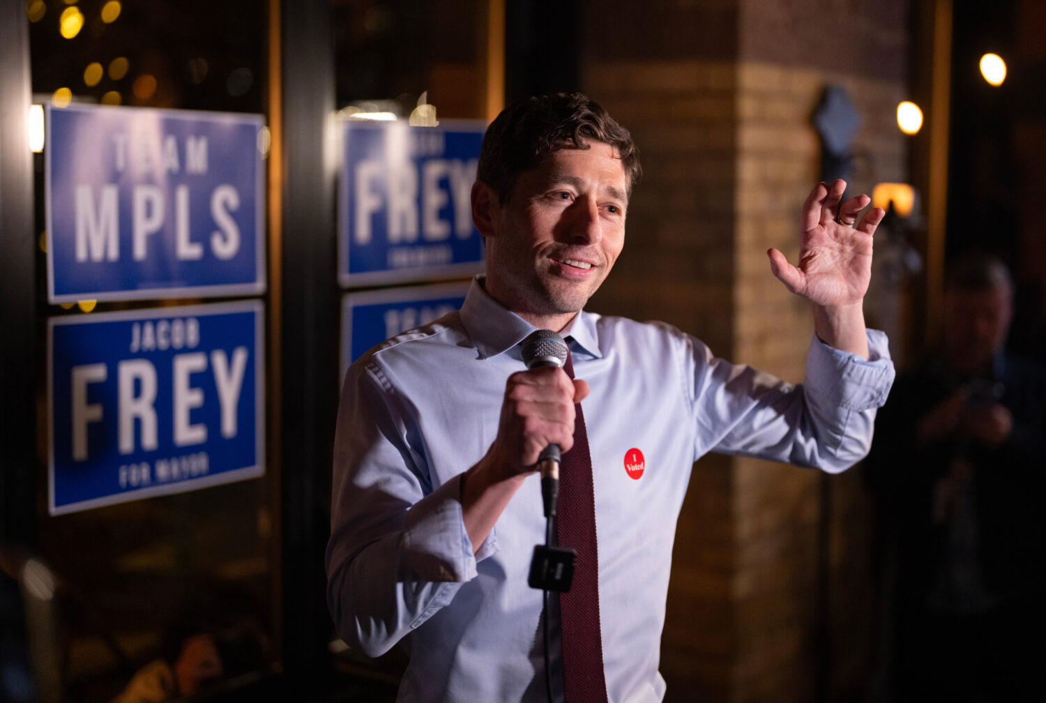 Minneapolis mayor Jacob Frey thanks supporters at their election night watch party at Jefe Urban Co...