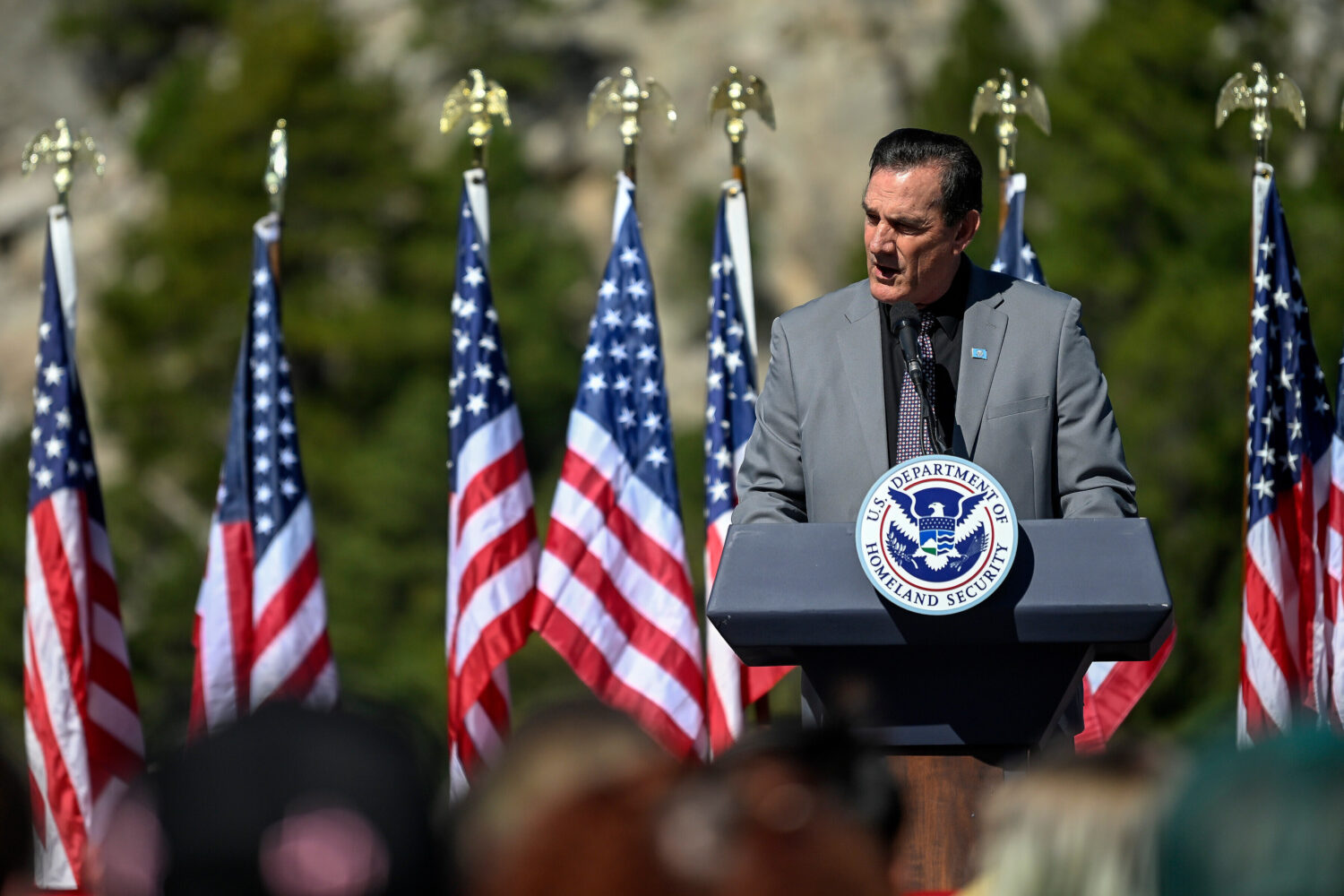 FILE - South Dakota Governor Larry Rhoden gives remarks during a naturalization ceremony at Mount R...