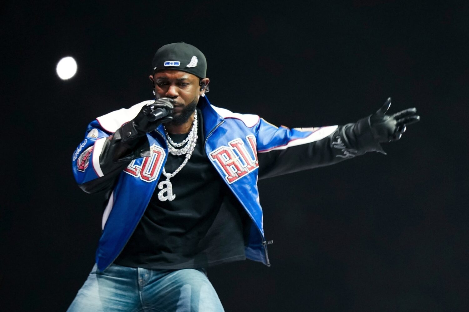 FILE - Kendrick Lamar performs during halftime of the NFL Super Bowl 59 football game between the K...