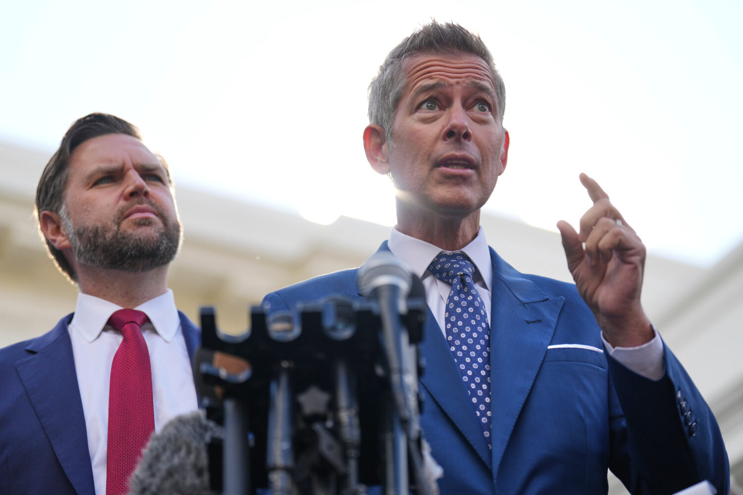 Transportation Secretary Sean Duffy speaks alongside Vice President JD Vance about the impact of th...