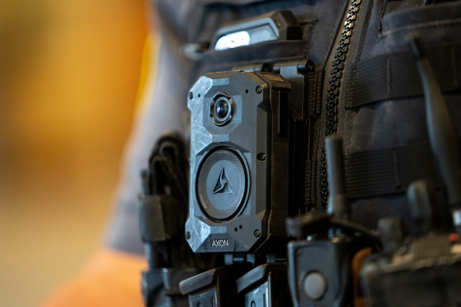 FILE - An Axon body camera is worn by MSGT Matt Gilmore who is one of the officers using Axon's Dra...