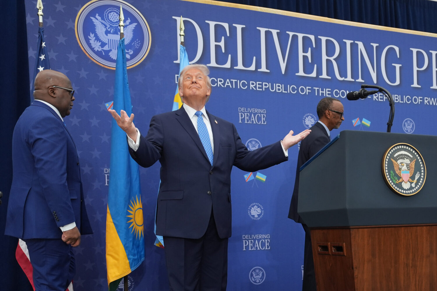 President Donald Trump arrives for a signing ceremony with Rwanda's President Paul Kagame and Democ...