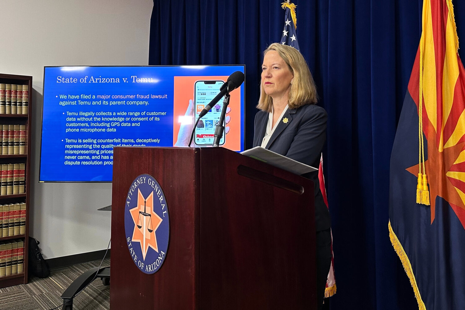 Arizona Attorney General Kris Mayes speaks at a news conference about her lawsuit against Chinese o...