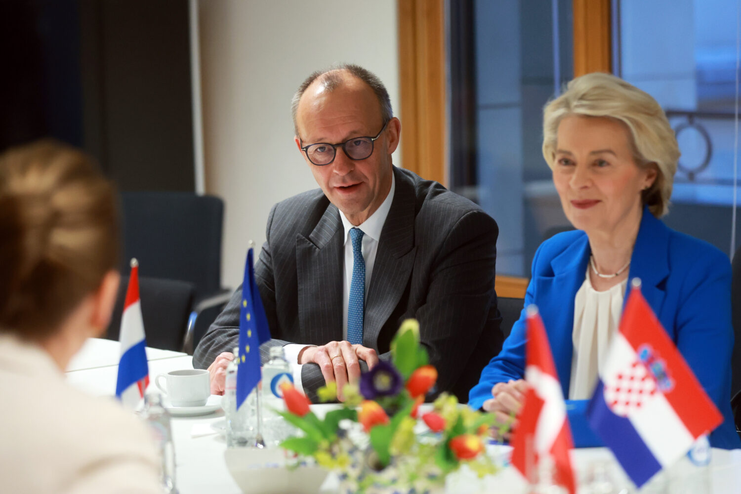 European Commission President Ursula von der Leyen, right, and Germany's Chancellor Friedrich Merz,...