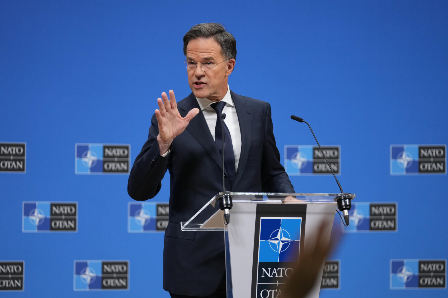 NATO Secretary General Mark Rutte speaks during a pre-ministerial media conference at NATO headquar...