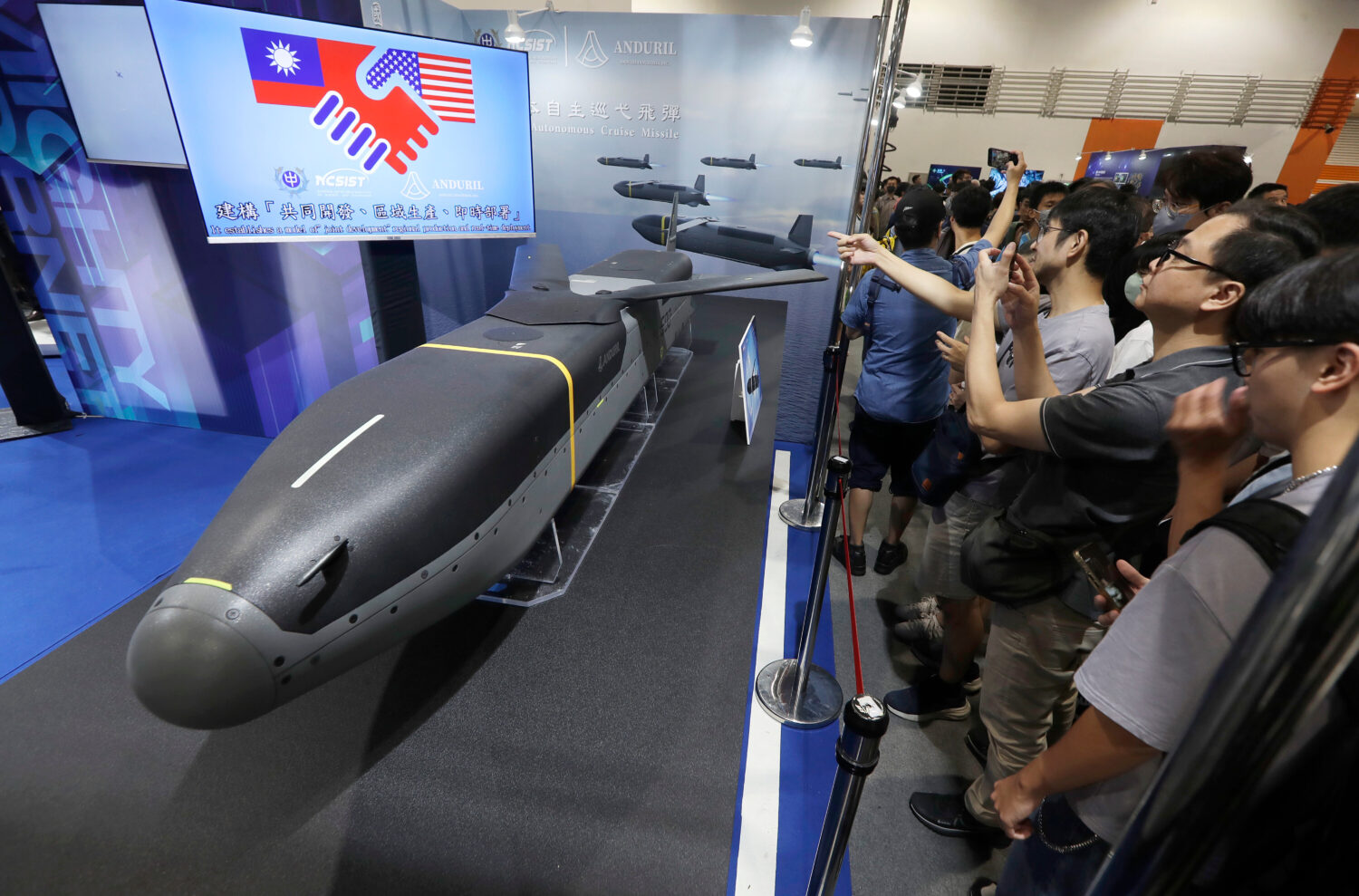 FILE - A low-cost autonomous cruise missile Barracuda 500, jointly manufactured by U.S Anduril and ...