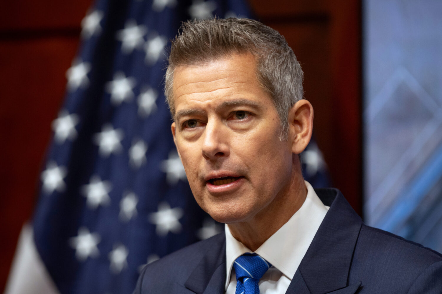 FILE - Transportation Secretary Sean Duffy speaks during a news conference at the Department of Tra...