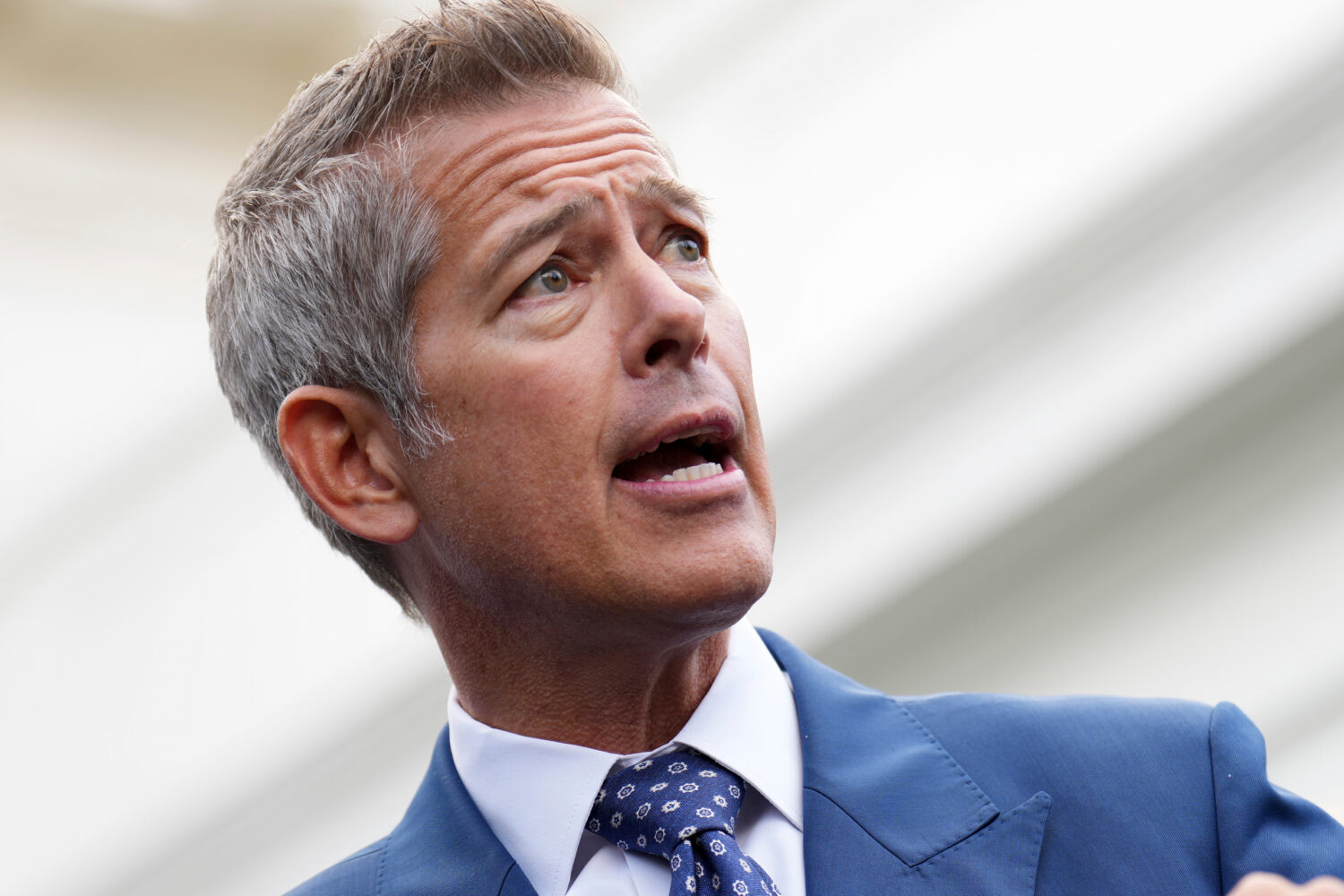 FILE - Transportation Secretary Sean Duffy speaks to the media about the impact of the government s...