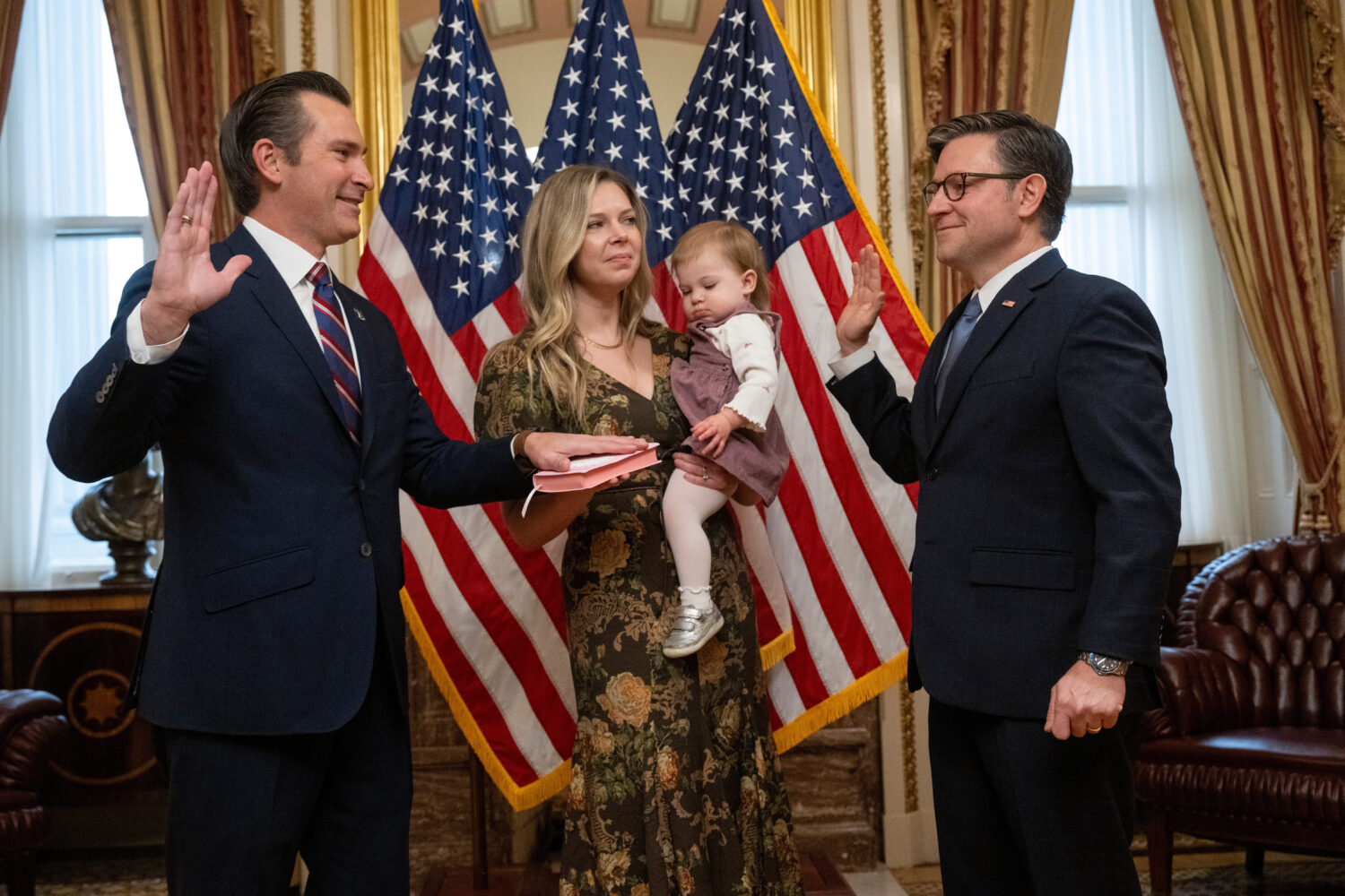 Rep. Matt Van Epps, R-Tenn, left, takes part in a ceremonial swearing-in with Speaker Mike Johnson,...