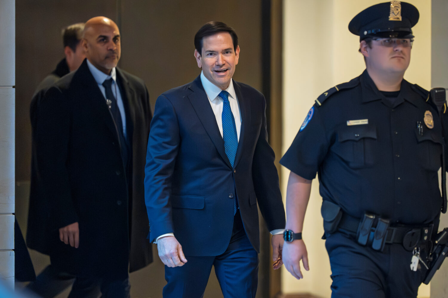 Secretary of State Marco Rubio arrives to join Defense Secretary Pete Hegseth in a secure room in t...