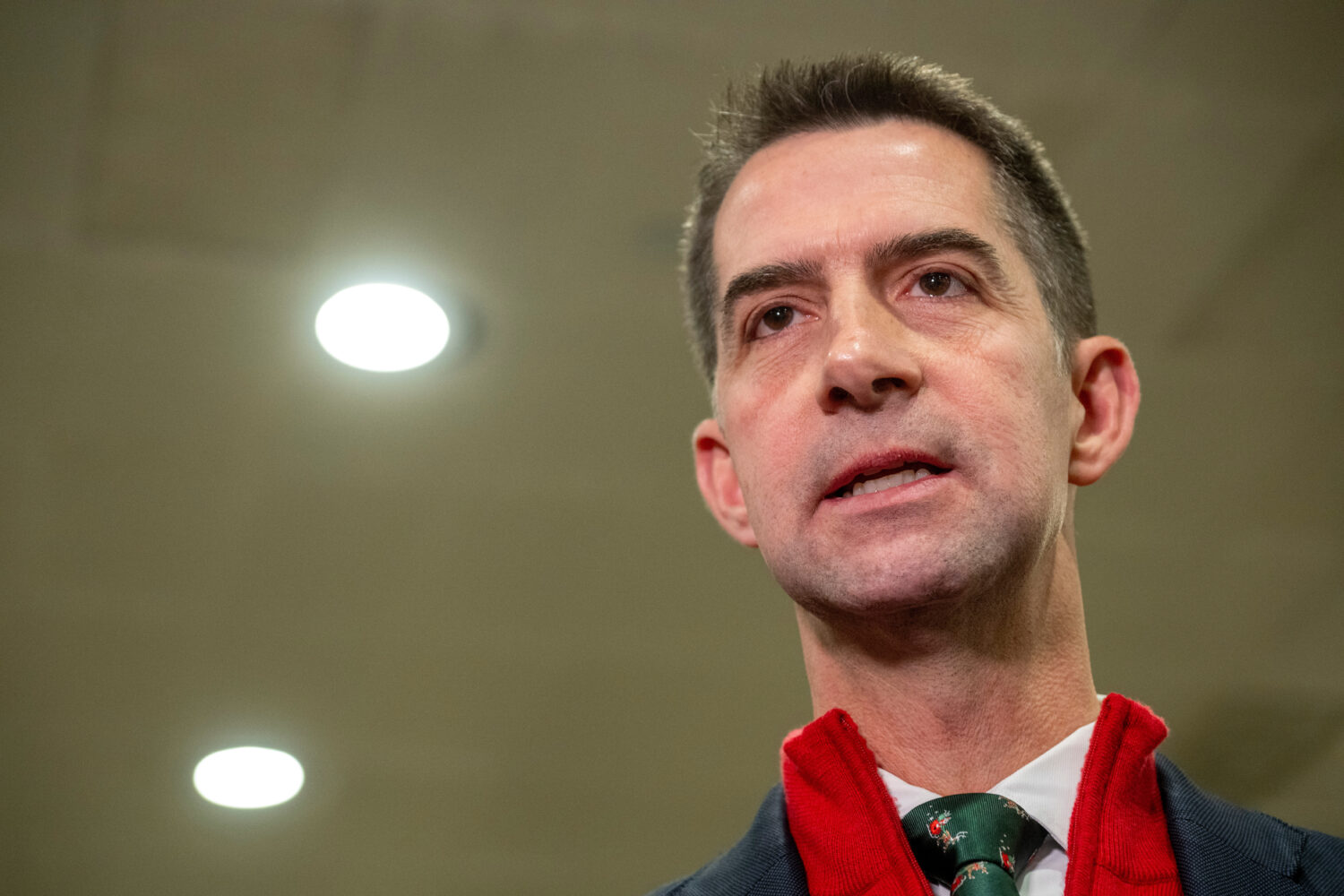 Sen. Tom Cotton, R-Ark., speaks to reporters following a classified briefing for top congressional ...
