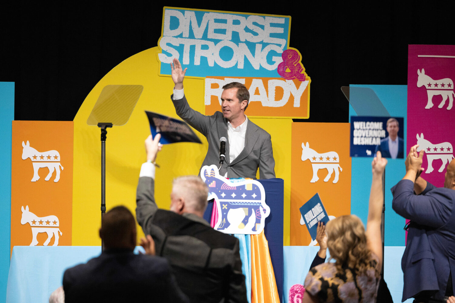 FILE - Kentucky Gov. Andy Beshear waves to a cheering crowd after his speech during the Ben Nelson ...