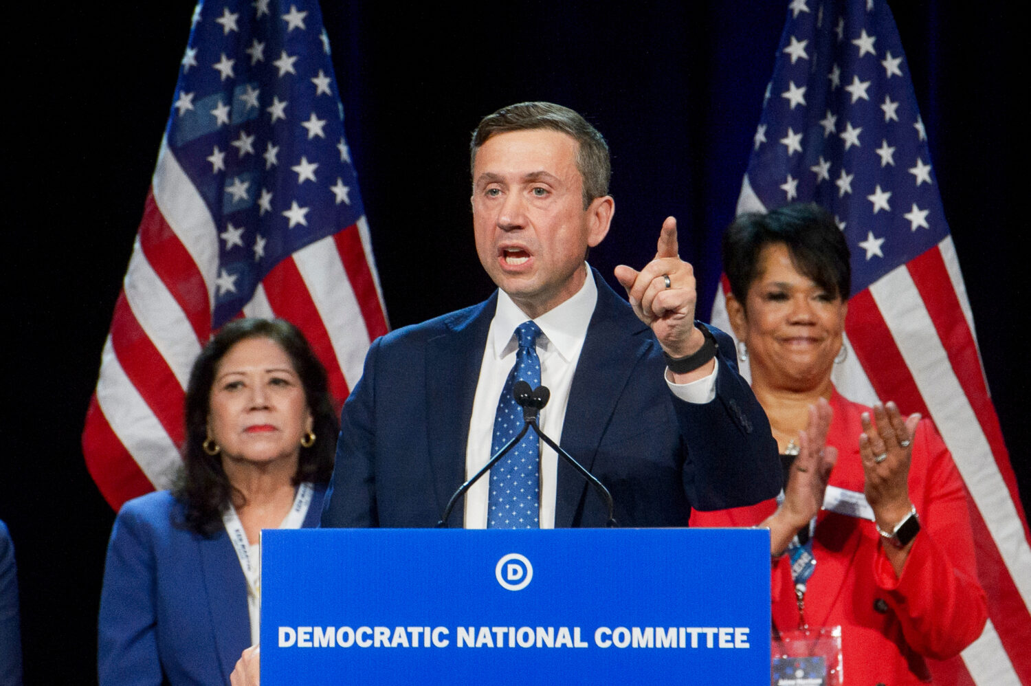 FILE - DNC chair candidate Ken Martin speaks at the Democratic National Committee Winter Meeting in...