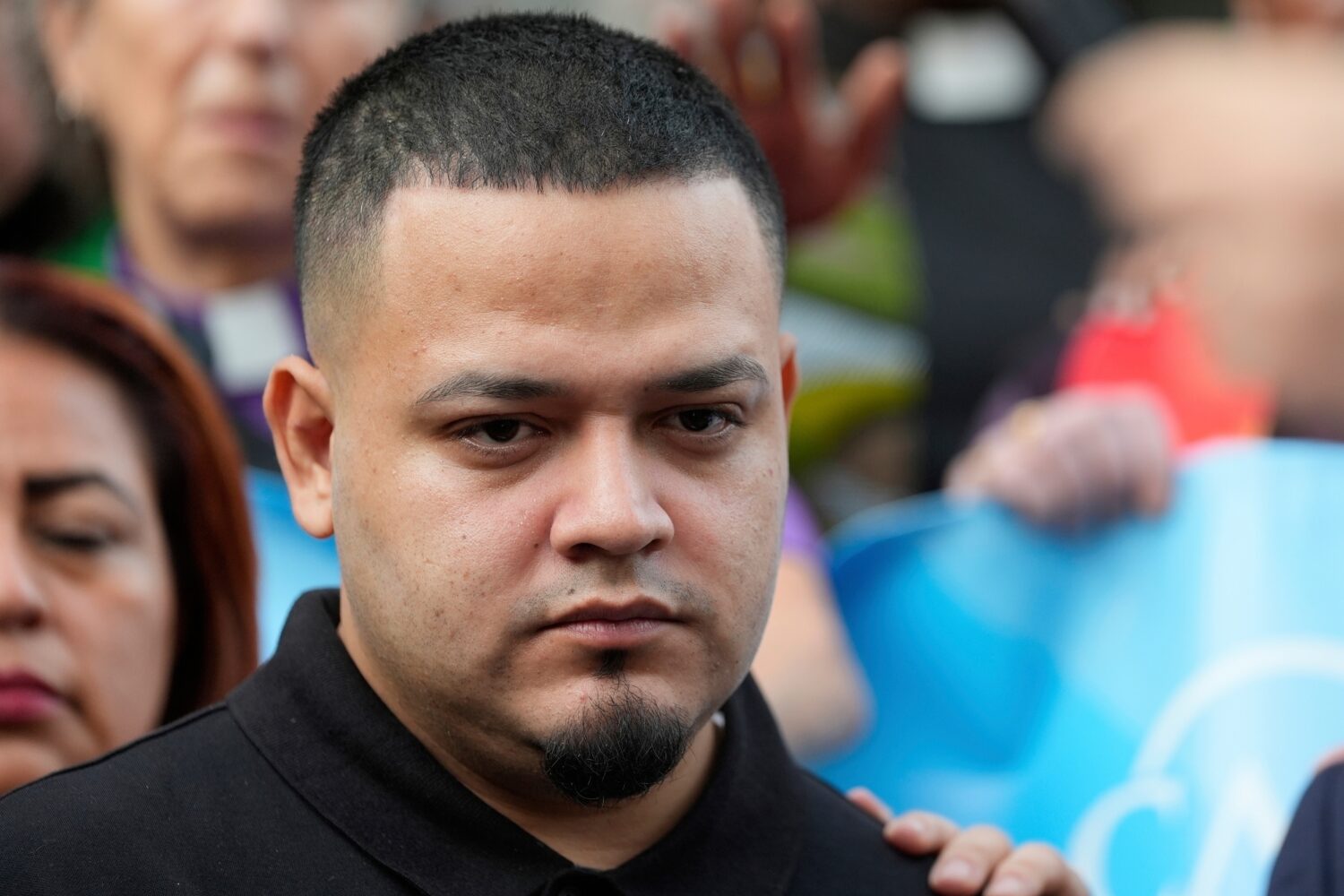 FILE - Kilmar Abrego Garcia joins supporters in a protest rally outside the Immigration and Customs...