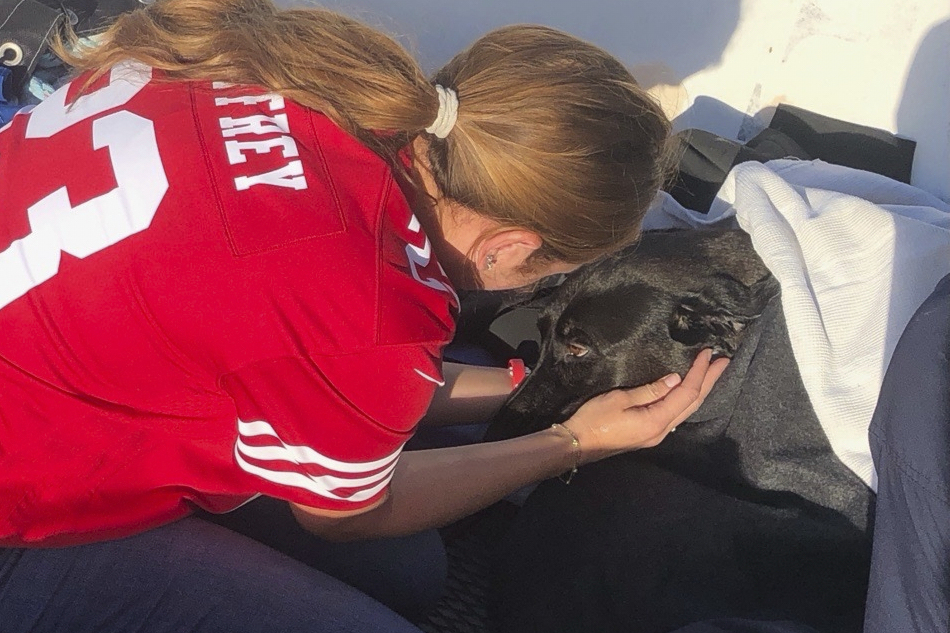 This photo released by San Diego Fire-Rescue shows owner Alexis reuniting with Sadie, a black Labra...