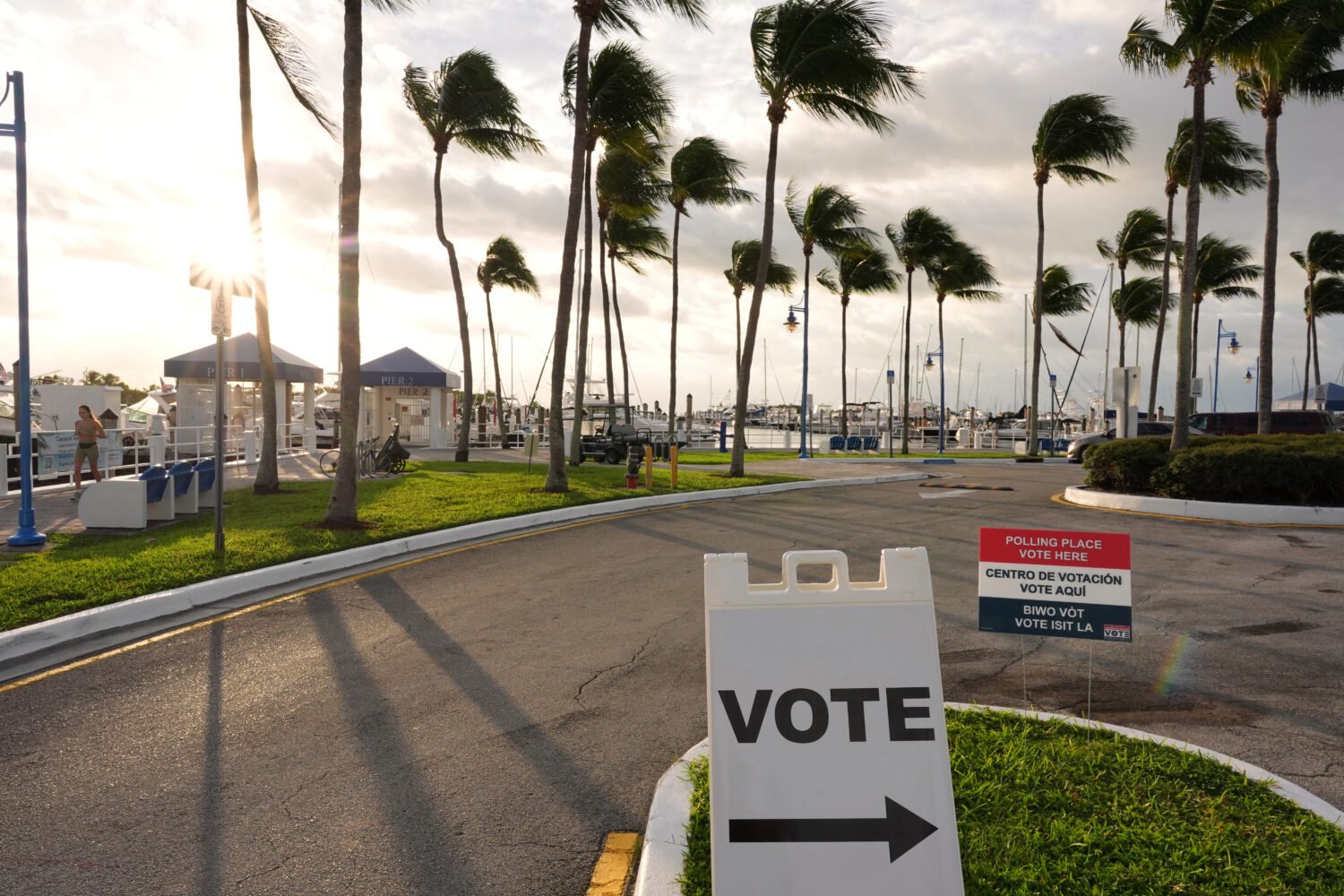 Signs indicate a polling place at Miami City Hall, on Election Day, Tuesday, Nov. 4, 2025, in Miami...