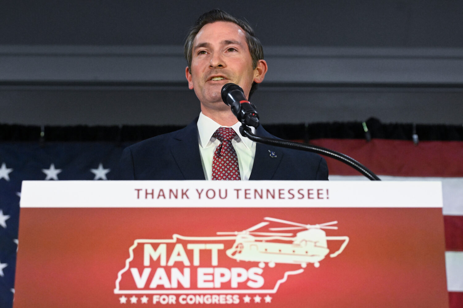 Republican candidate Matt Van Epps speaks at a watch party to declare victory in a special election...
