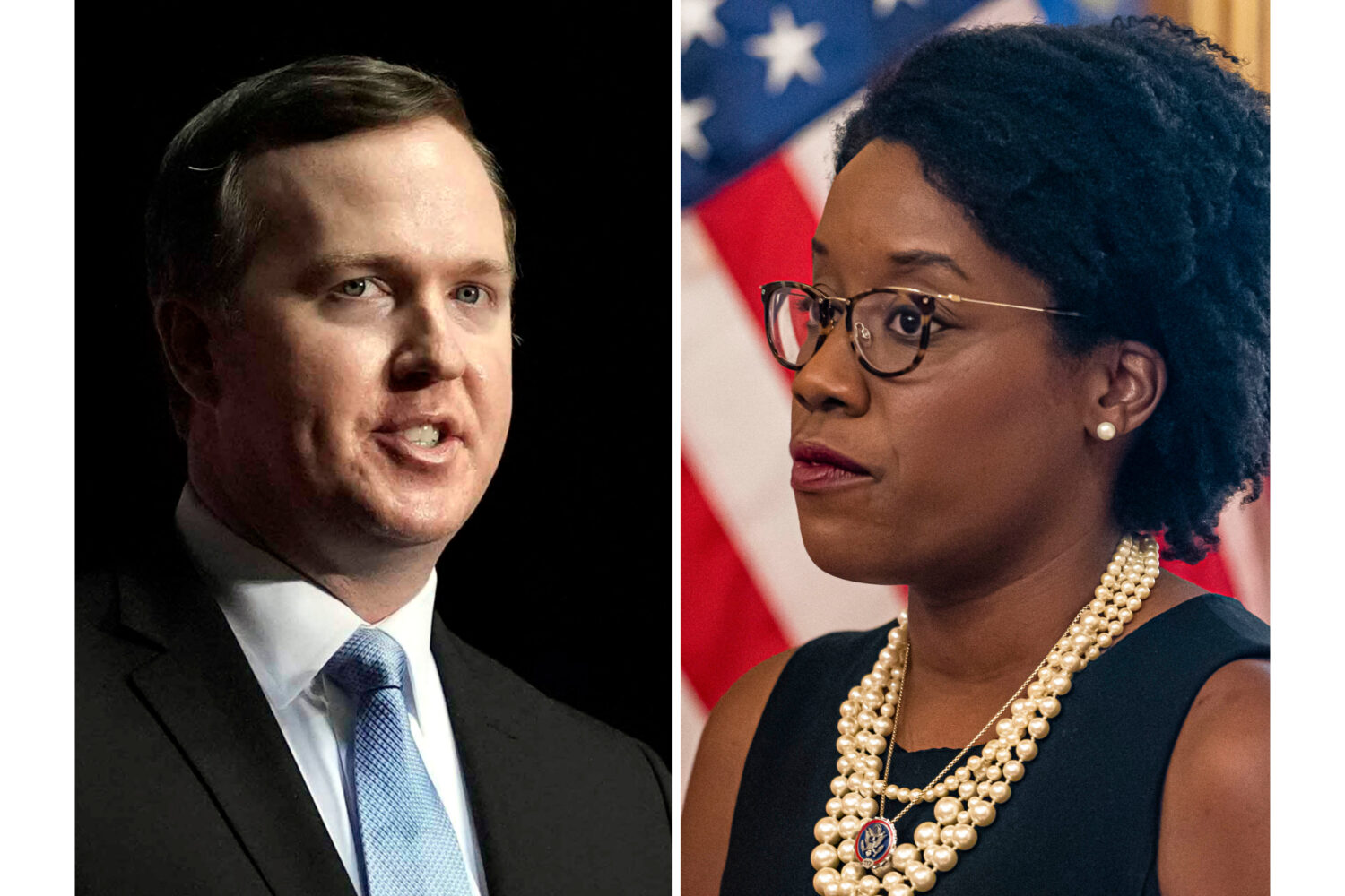FILE - This combination photo shows Brian Jack, left, speaking at a campaign rally, March 9, 2024, ...