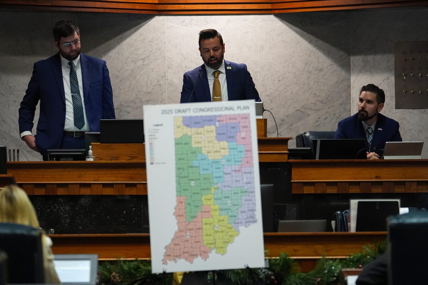 Indiana Lt. Gov. Micah Beckwith announces the results of a vote to redistrict the state's congressi...