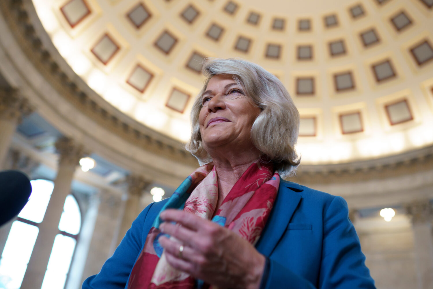 FILE - Sen. Cynthia Lummis, R-Wyo., arrives for an interview at the Capitol in Washington, Aug. 10,...
