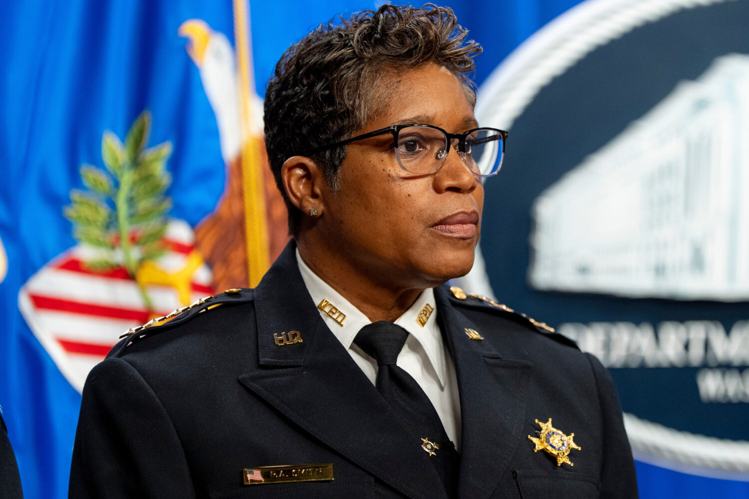 Washington Metropolitan Police Chief Pamela Smith stands during a news conference at the Department...