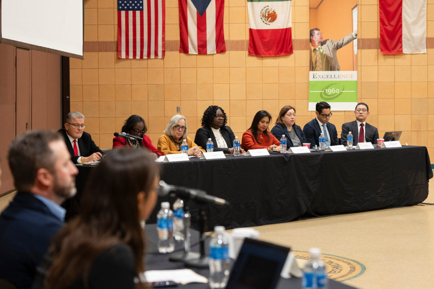 The Illinois Accountability Commission listens to a witness' account during the first hearing at Ar...