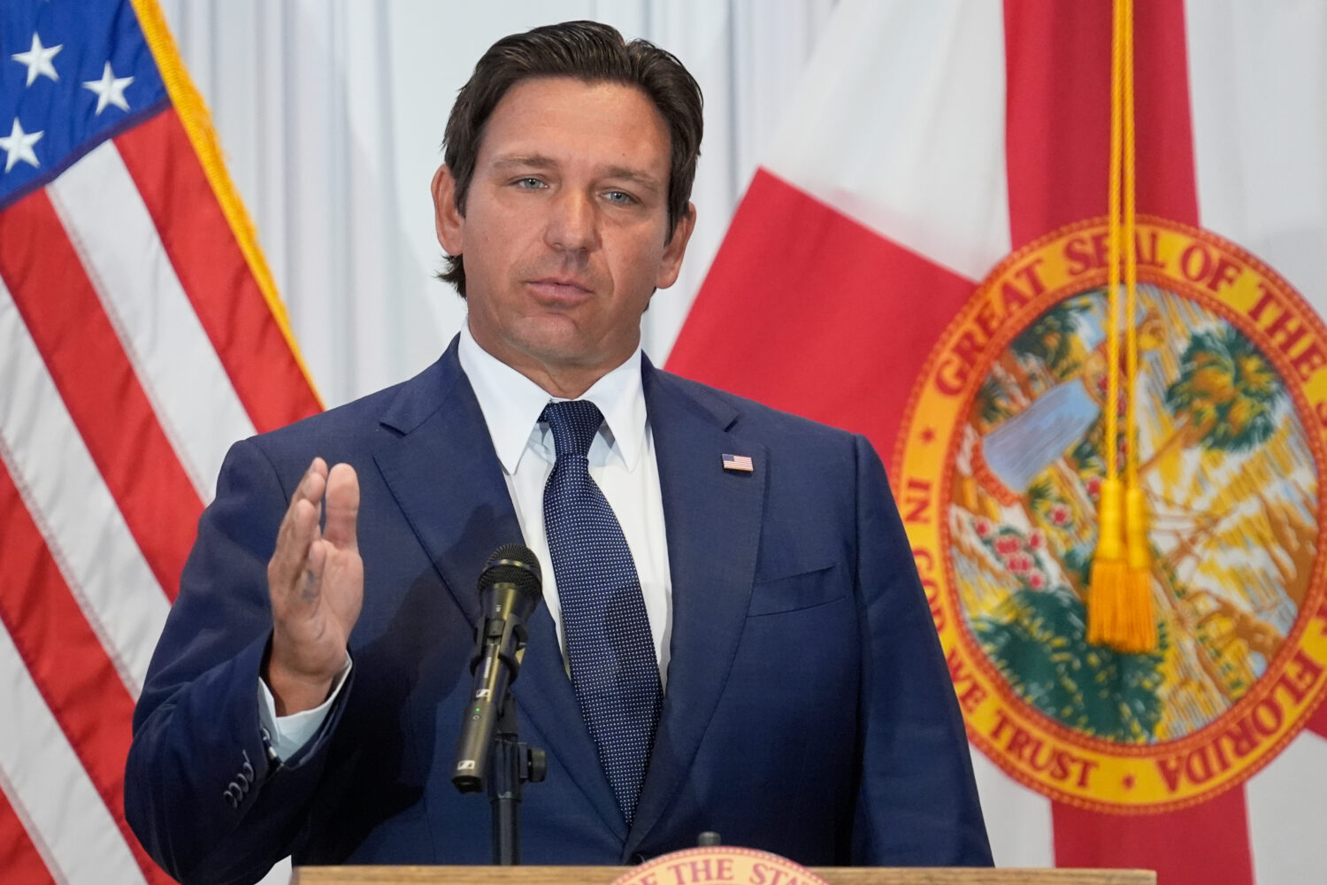 FILE - Florida Gov. Ron DeSantis speaks during a news conference, Aug. 12, 2025, in Tampa, Fla. (AP...
