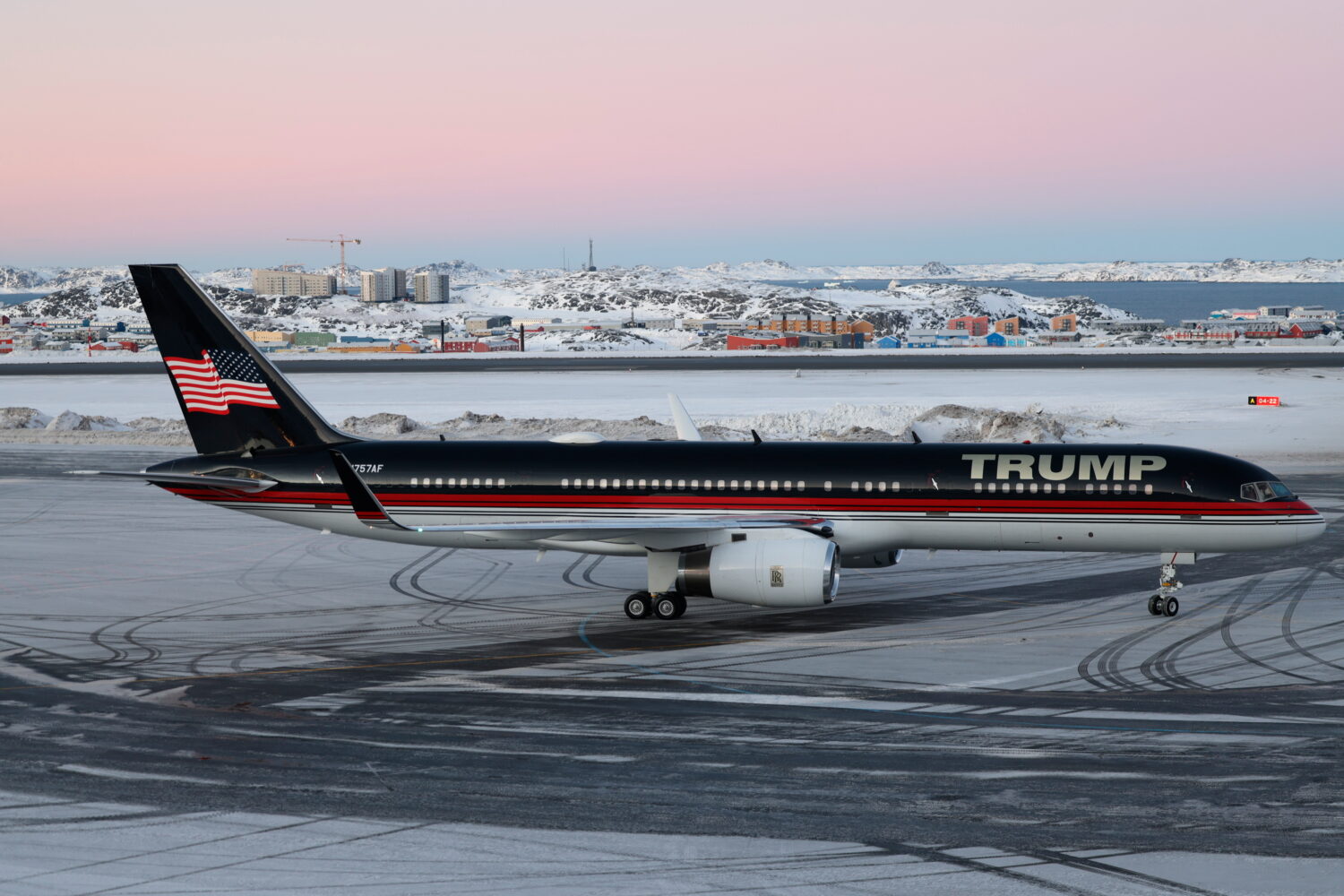 FILE - A plane carrying Donald Trump Jr. lands in Nuuk, Greenland, Tuesday, Jan. 7, 2025. (Emil Sta...