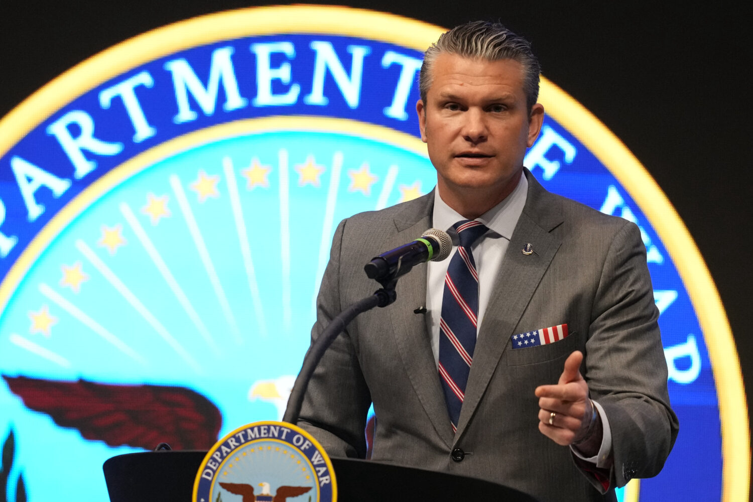 Defense Secretary Pete Hegseth speaks during the 4th annual Northeast Indiana Defense Summit at Pur...