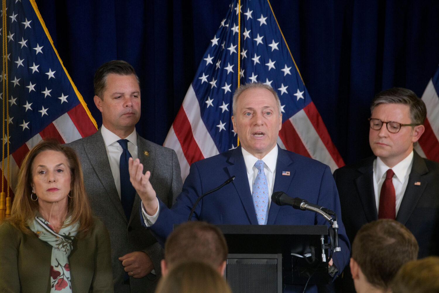 House Majority Leader Steve Scalise, R-La., second from right, is joined by from left: House Republ...