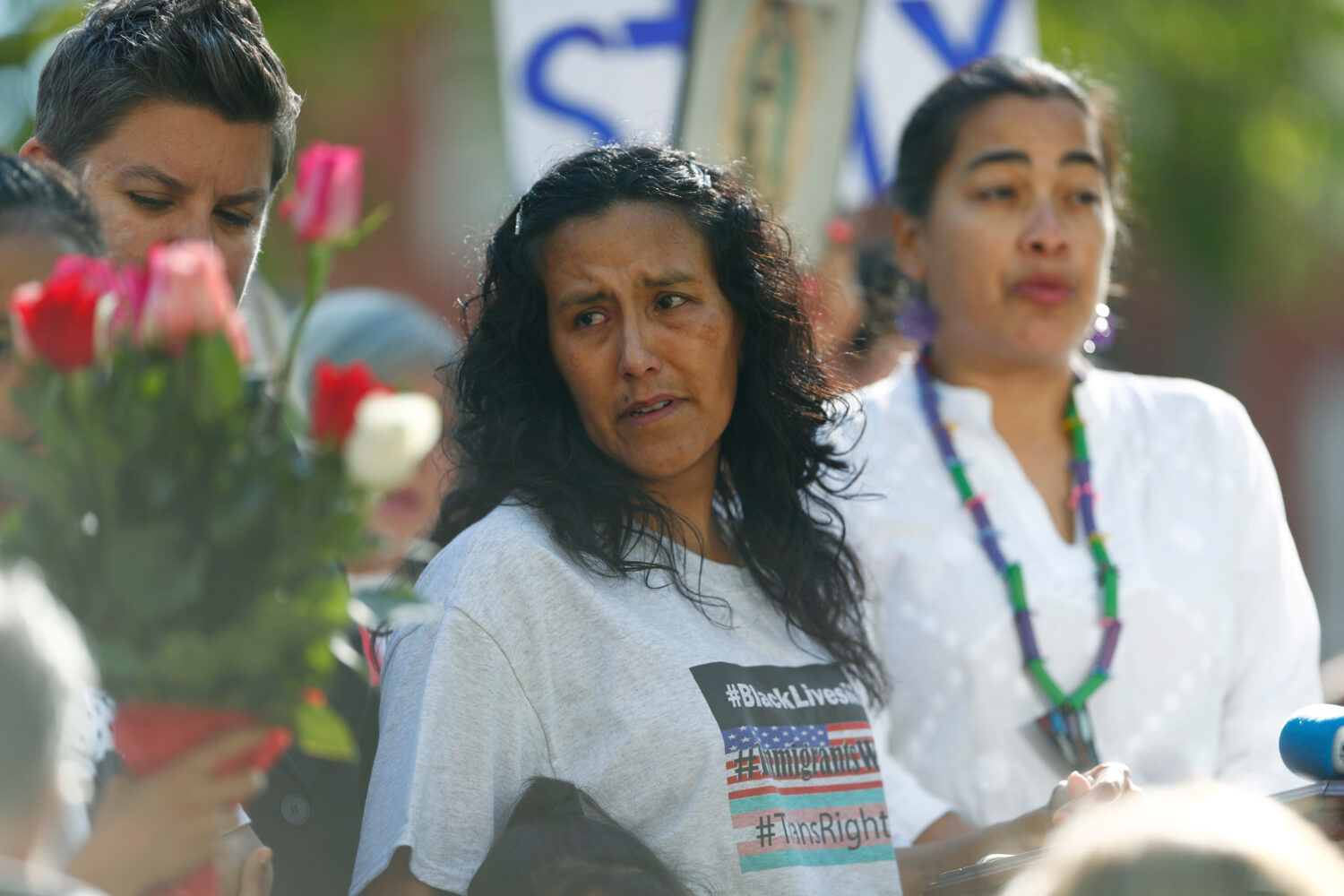 FILE - Jeanette Vizguerra, center, a Mexican immigrant who has lived in a church to avoid immigrati...